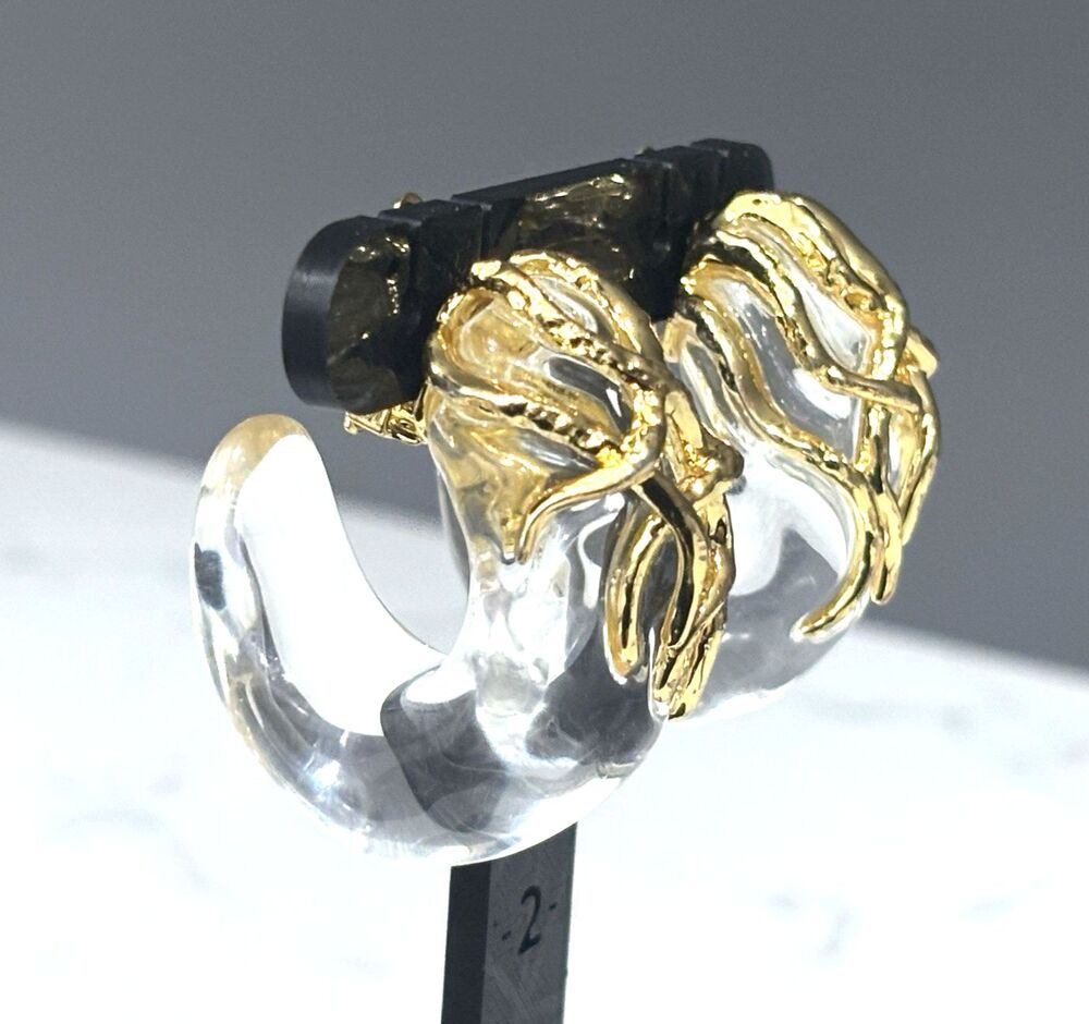 Alexis Bittar Clear Lucite Molten Gold Tone Clip On Earrings Hoop Statement